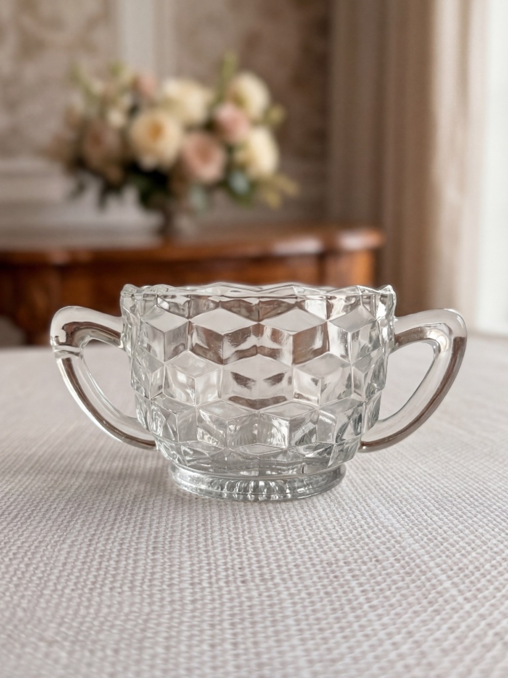 Vintage Fostoria American Clear Glass Open Sugar Bowl – Depression Era